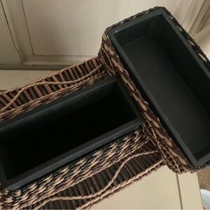 Beautiful heavy wood box with cover,  woven bamboo/straw, new
